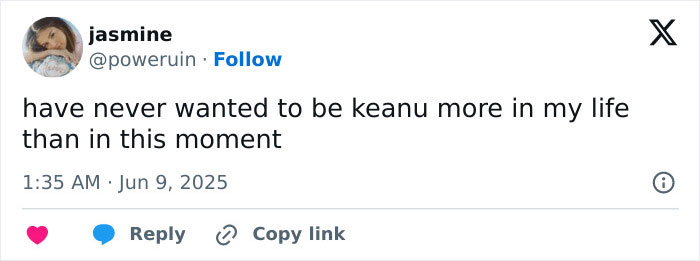 Tweet expressing admiration for Keanu Reeves straddled live at the 2025 Tony Awards, highlighting his reaction sparking a frenzy.