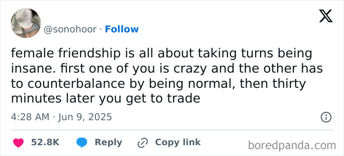 Tweet about female friendship humor, illustrating one friend being crazy and the other normal, from best tweets cracking people up.