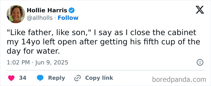 Parenting tweet about a 14-year-old son leaving the cabinet open after getting his fifth cup of water.