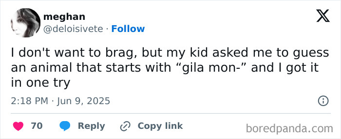 Tweet from Meghan sharing a funny parenting moment about guessing an animal name on a social media parenting post.