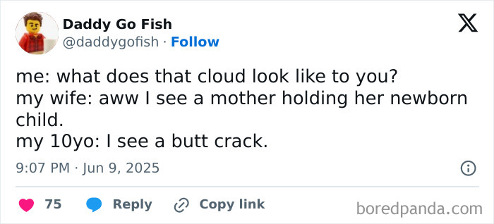 Funny parenting X post showing a dad asking about a cloud shape with humorous kid and wife responses.