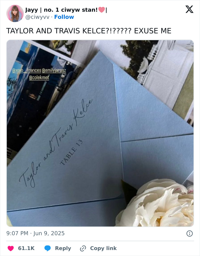 Wedding invitation with Taylor and Travis Kelce's names, sparking rumors they secretly got married after invite leaked.