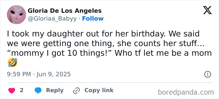 Screenshot of a funny parenting tweet about a daughter counting her birthday items, shared on X platform.