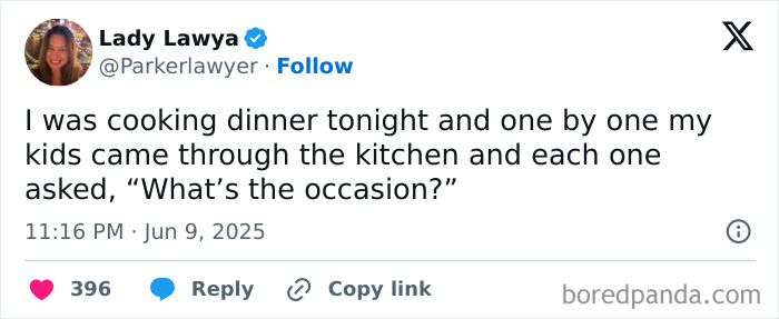 Screenshot of a parenting tweet about kids asking about the occasion while cooking dinner, illustrating funny parenting moments.