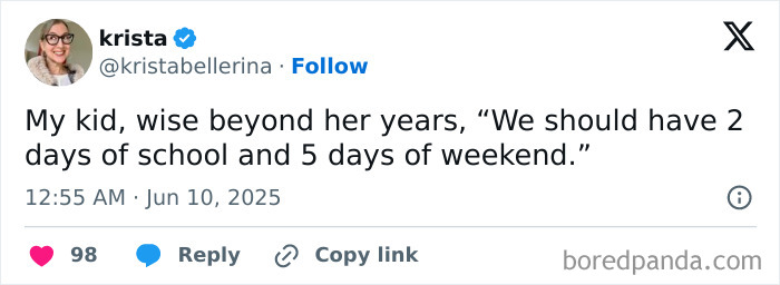 Screenshot of a funny parenting X post about kids wanting more weekend days, highlighting humorous parenting moments.