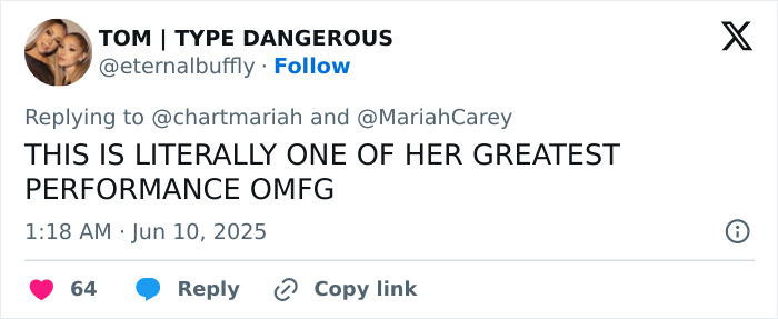 Tweet praising Mariah Carey's performance at 2025 BET Awards with reference to Ozempic does wonders.