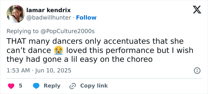 Tweet by Lamar Kendrix reacting to Mariah Carey's BET Awards performance, mentioning dancers and choreography concerns.