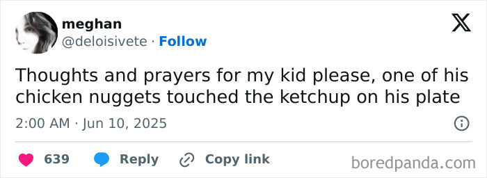 Screenshot of a humorous parenting post on X about a kid’s chicken nuggets touching ketchup, highlighting funny parenting moments.