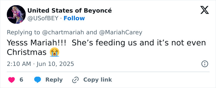 Tweet from United States of Beyonc&eacute; praising Mariah Carey's BET Awards performance, highlighting Ozempic effects.
