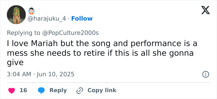 Tweet criticizing Mariah Carey's performance at 2025 BET Awards amid Ozempic does wonders discussion.