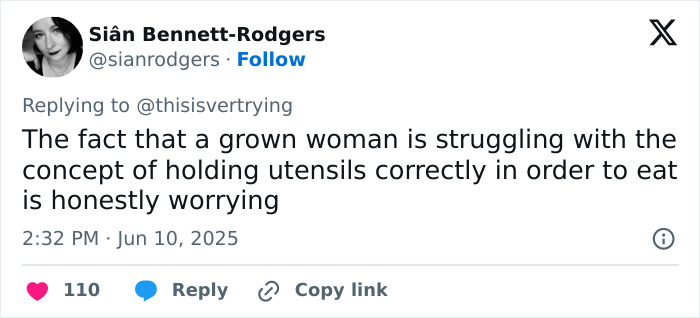 Screenshot of a tweet commenting on Americans&rsquo; primitive way of eating with cutlery and struggling to hold utensils correctly.
