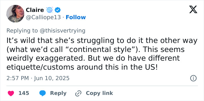 Screenshot of a tweet discussing Americans being roasted by Europeans for their primitive way of eating with cutlery.