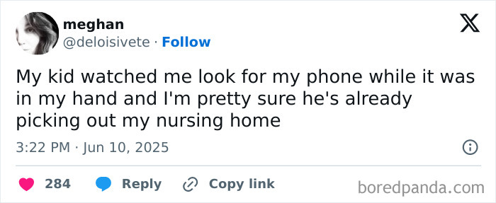 Parenting humor post about a kid noticing a parent looking for their phone while holding it, shared on X platform.