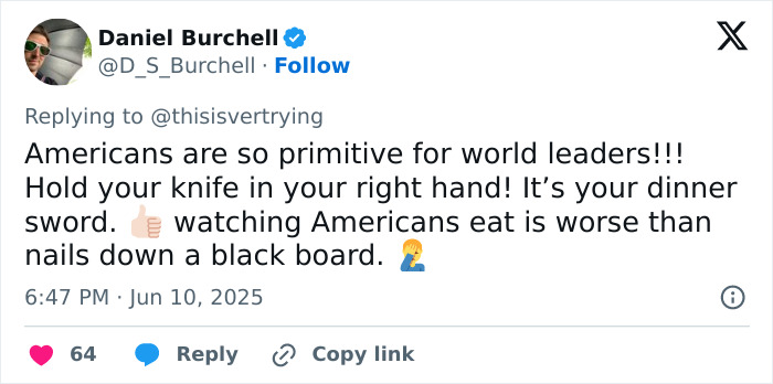 Tweet by Daniel Burchell criticizing Americans for primitive eating habits with cutlery and awkward knife handling.