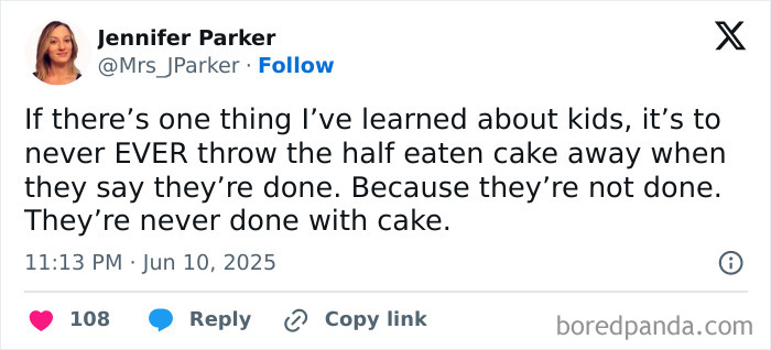 Tweet about parenting humor on kids and cake, highlighting funny and relatable moments from parenting posts on X.