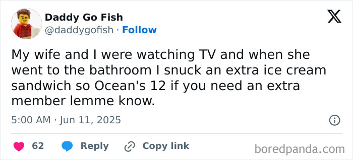 Tweet from Daddy Go Fish humorously sharing a parenting moment about sneaking an extra ice cream sandwich.