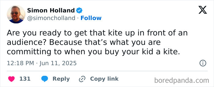 Tweet by Simon Holland humorously discussing parenting and kites, featured in best tweets that c*****d people up this June.