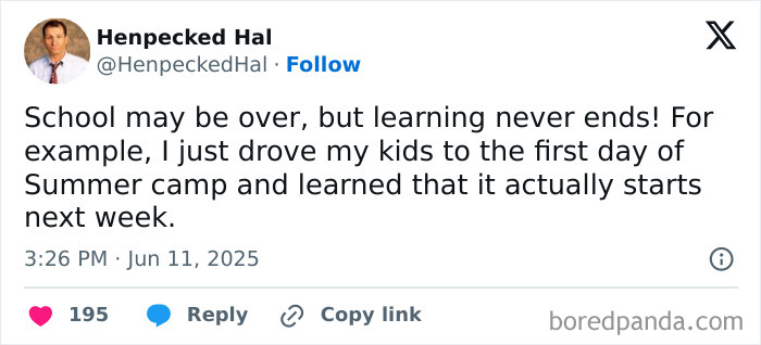 Parenting humor tweet about summer camp starting next week after school is over, shared on social media platform X.