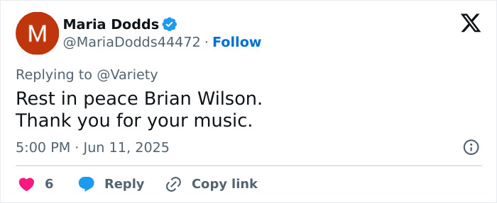 Tweet expressing condolences for Brian Wilson, legendary Beach Boys co-founder and musical genius, after his passing at 82 years old.