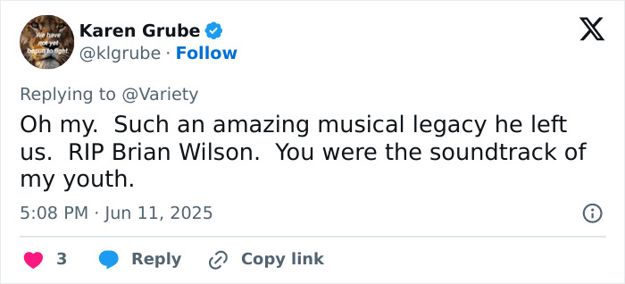 Tweet from Karen Grube mourning the passing of Beach Boys co-founder Brian Wilson, honoring his musical legacy.