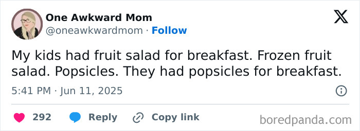 Tweet from parenting account sharing a funny parenting moment about kids having popsicles for breakfast.