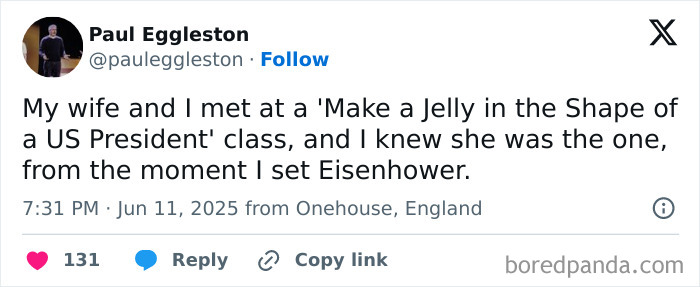 Tweet by Paul Eggleston humorously about meeting wife in a jelly-making class, one of the best tweets that c*****d people up June.