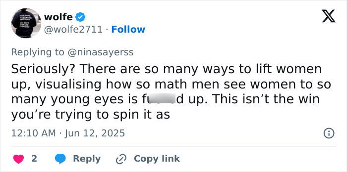 Tweet criticizing Sabrina Carpenter&rsquo;s album cover for tone deafness and promoting misogyny in visual representation.