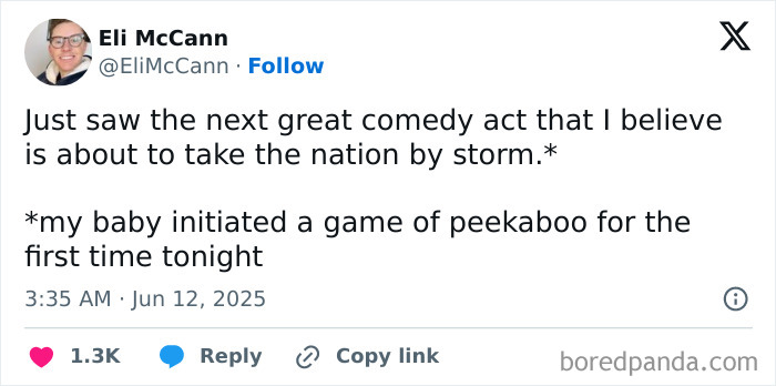 Tweet about a baby playing peekaboo for the first time, showcasing funny parenting moments from X posts.