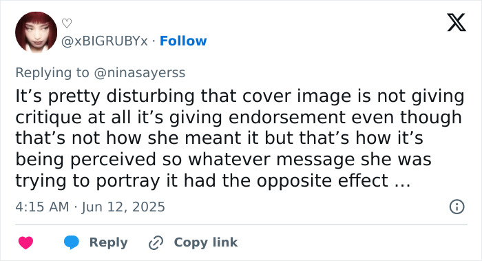 User tweet criticizing Sabrina Carpenter's Tone Deaf album cover for perceived extreme misogyny and negative message.