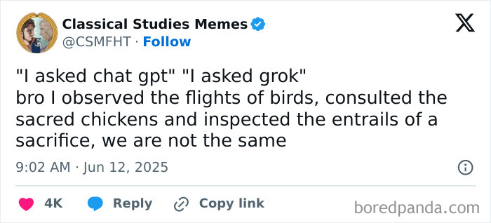 Tweet from Classical Studies Memes humorously contrasting chat gpt and grok, part of best tweets that c*****d people up in June.