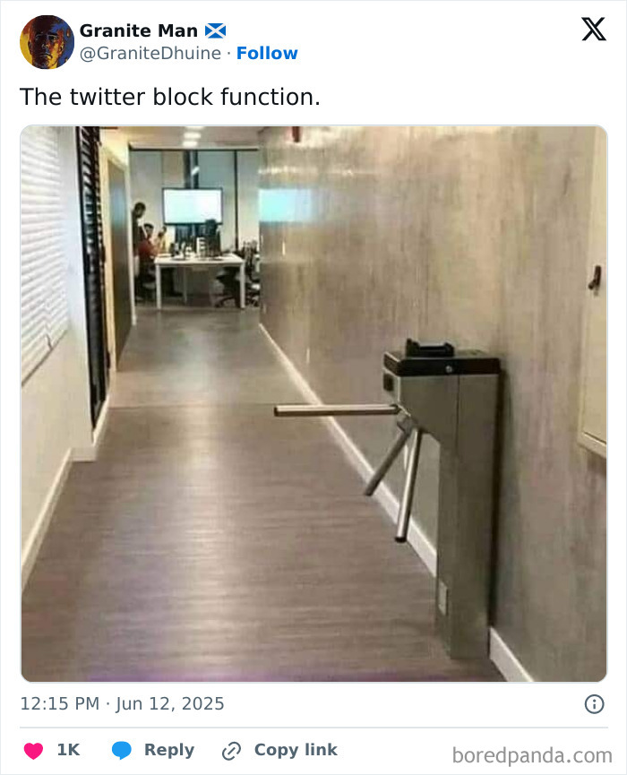 Humorous tweet about the twitter block function shown with a blocked hallway turnstile in an office setting.