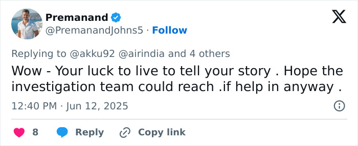 Tweet from Premanand reacting to passenger exposing tech failures on Air India Boeing jet hours before crash.