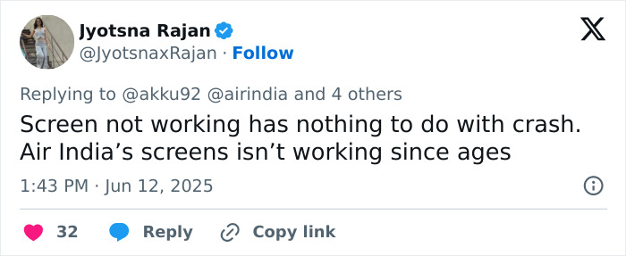 Screenshot of a passenger&rsquo;s tweet exposing tech failures on Air India Boeing jet hours before crash, sparking outrage.