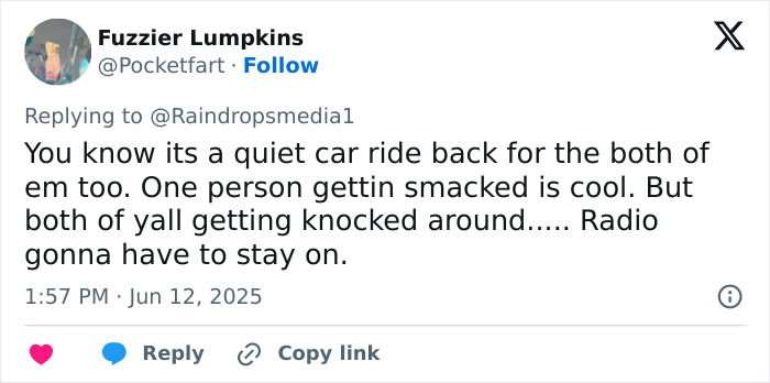 Tweet discussing a viral store brawl where a man calls black shopper a slur, gets beaten, and then suddenly professes love.