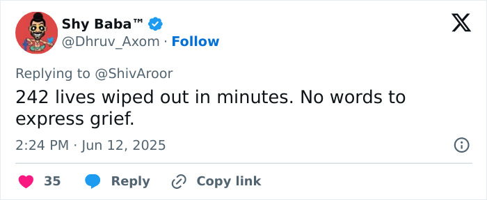 Tweet by Shy Baba expressing grief over a plane crash with 242 lives lost suggesting evil intent and unusual take-off spotted.