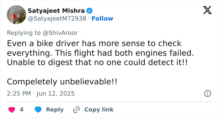 Tweet discussing engine failure and unusual take-off in a horrifying plane crash suggesting potential evil intent.
