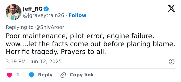 Tweet criticizing pilot error and poor maintenance after a plane crash, highlighting engine failure and tragic consequences.
