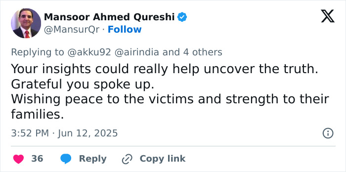 Twitter post expressing gratitude for passenger insights uncovering tech failures on Air India Boeing jet before crash.