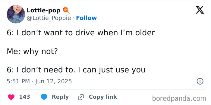 Tweet showing a humorous parenting post about a child's take on driving from a popular social media platform.