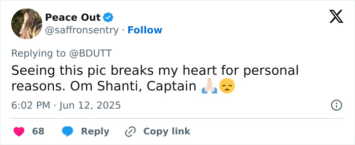 Tweet expressing heartbreak and condolences for Air India pilot with a prayer emoji before plane crash final words revealed