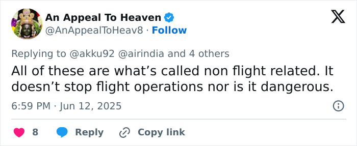 Screenshot of a Twitter reply discussing non flight related tech issues on Air India Boeing jet hours before it crashed.