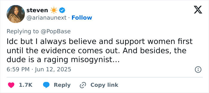 Tweet by Steven expressing support for women first despite Trace Cyrus accusing Brenda Song of faking pregnancies and cancer.