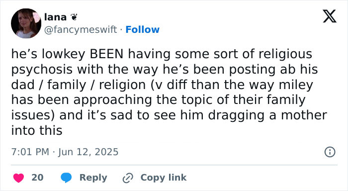Tweet discussing Trace Cyrus accusing ex Brenda Song of faking pregnancies, abortion, and cancer in a personal family conflict.