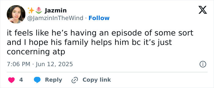 Tweet from Jazmin expressing concern for Trace Cyrus having an episode and hoping his family helps, mentioning humiliated and accusations.