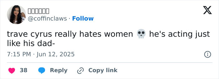 Screenshot of a tweet criticizing Trace Cyrus, related to accusations of faking pregnancies, abortion, and cancer.