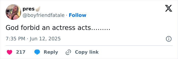 Tweet by user pres stating God forbid an actress acts, referencing Trace Cyrus accusing ex Brenda Song of faking pregnancies and illnesses.