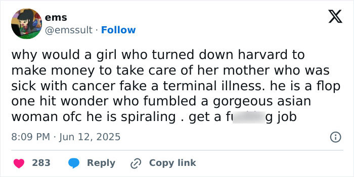 Screenshot of a Twitter post accusing Brenda Song of faking pregnancies, abortion, and cancer in a public dispute.