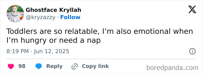 Tweet about toddlers being relatable and emotional when hungry or needing a nap, related to funny parenting posts.