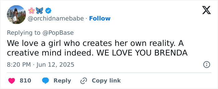Tweet praising Brenda Song, with user supporting her creativity amid Trace Cyrus accusing ex of faking pregnancies and cancer.