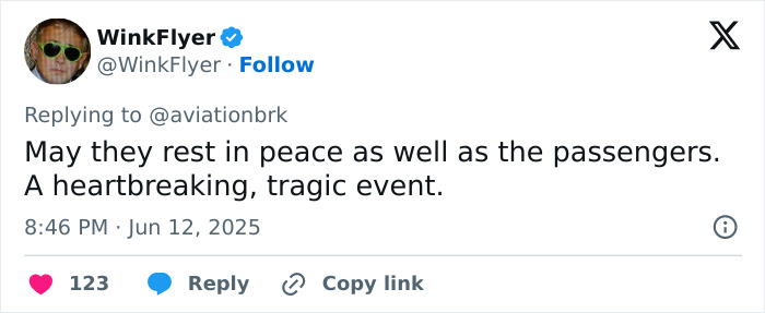 Tweet expressing condolences for the tragic Air India plane crash and the final words of the pilot to the control tower.